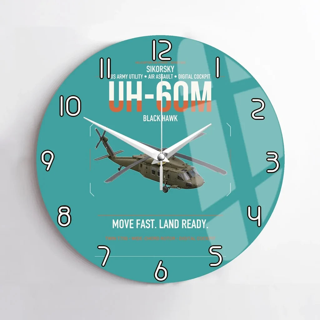 Sikorsky UH-60M Black Hawk design on turquoise no frame wall clock