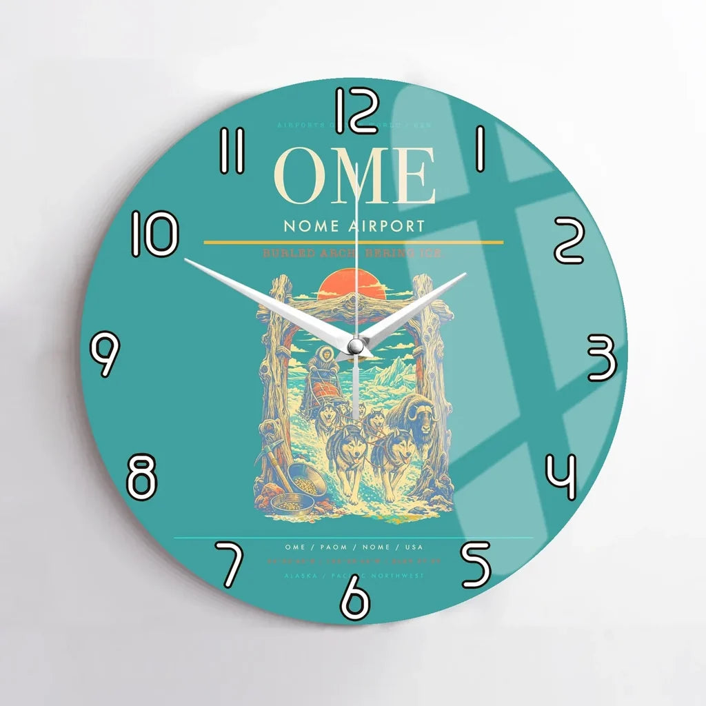 Nome Airport (OME) design on turquoise no frame wall clock