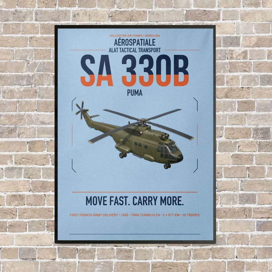 Aérospatiale SA 330B Puma vertical canvas print - framed - light blue background