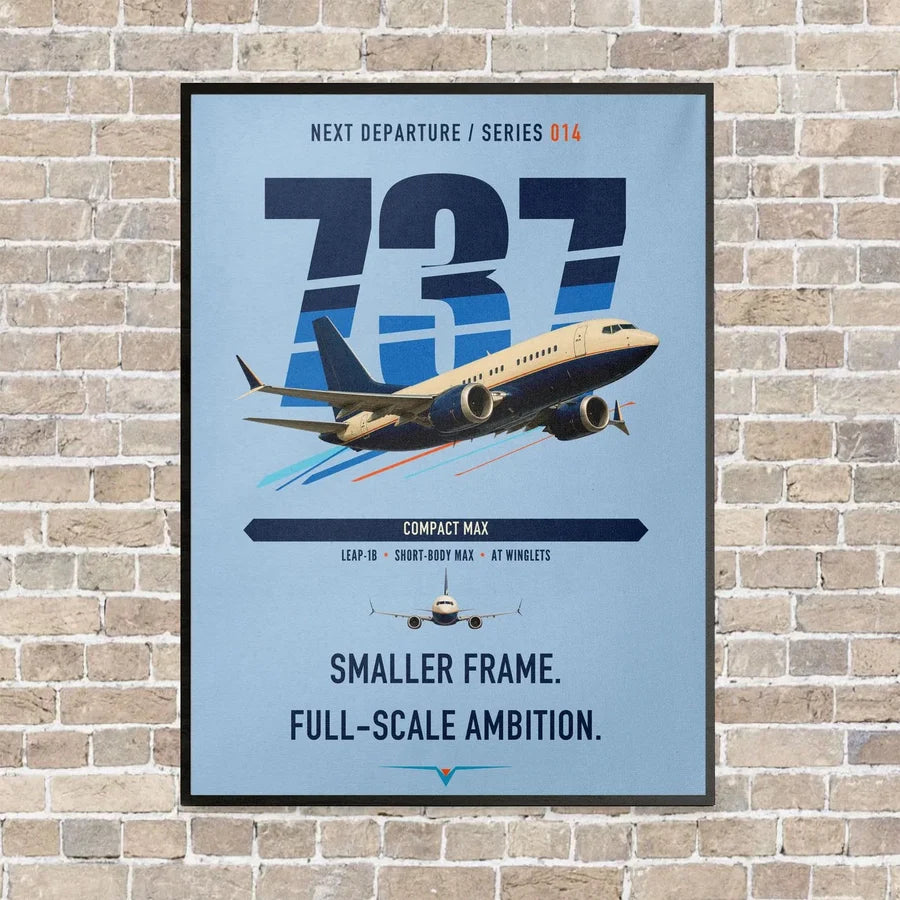 Boeing 737 MAX 7 vertical canvas print - framed - light blue background