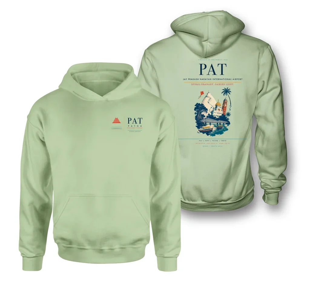 Jay Prakash Narayan International Airport (PAT) design on light green double-side hoodie