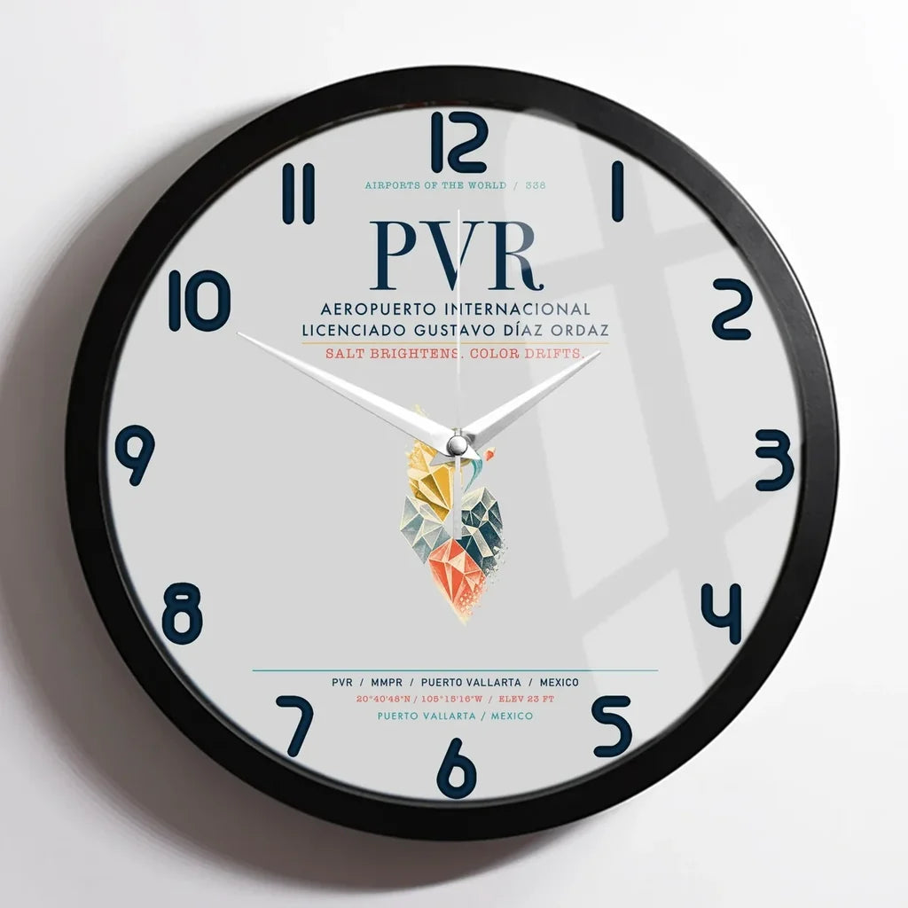 Aeropuerto Internacional Licenciado Gustavo Díaz Ordaz (PVR) design on light gray framed wall clock