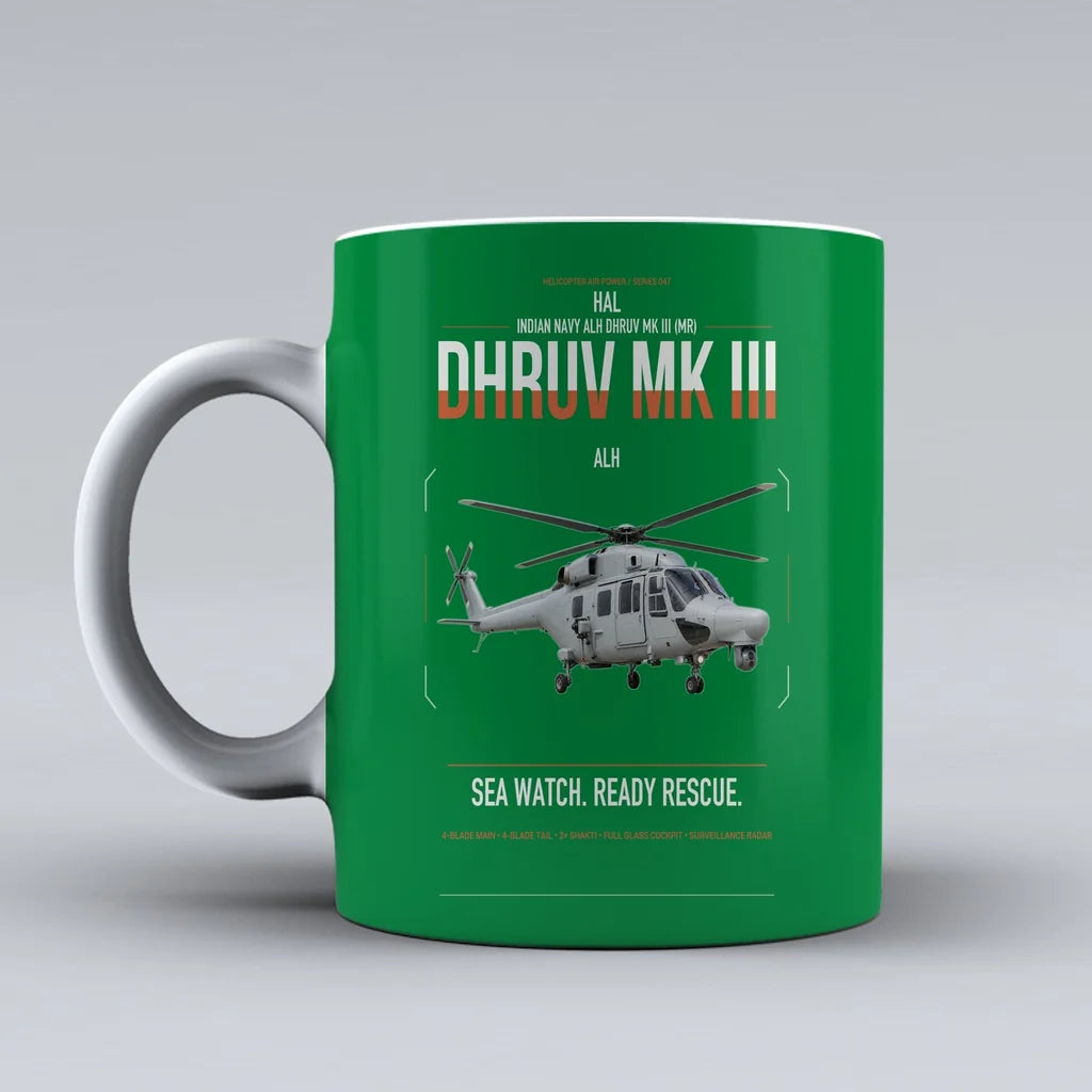 HAL ALH Dhruv Mk III design on green ceramic mug, double-side print