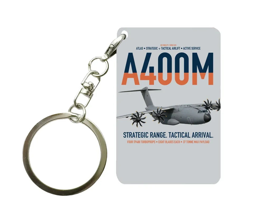Airbus A400M Atlas design on light gray designed key chain, double-side print