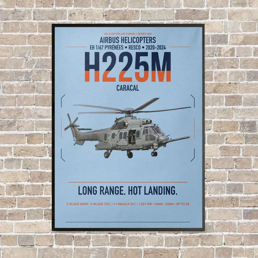 Airbus Helicopters H225M Caracal vertical canvas print - framed - light blue background