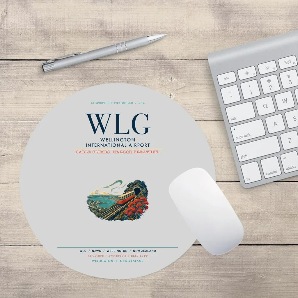 Wellington International Airport (WLG) design on light gray round mouse pad