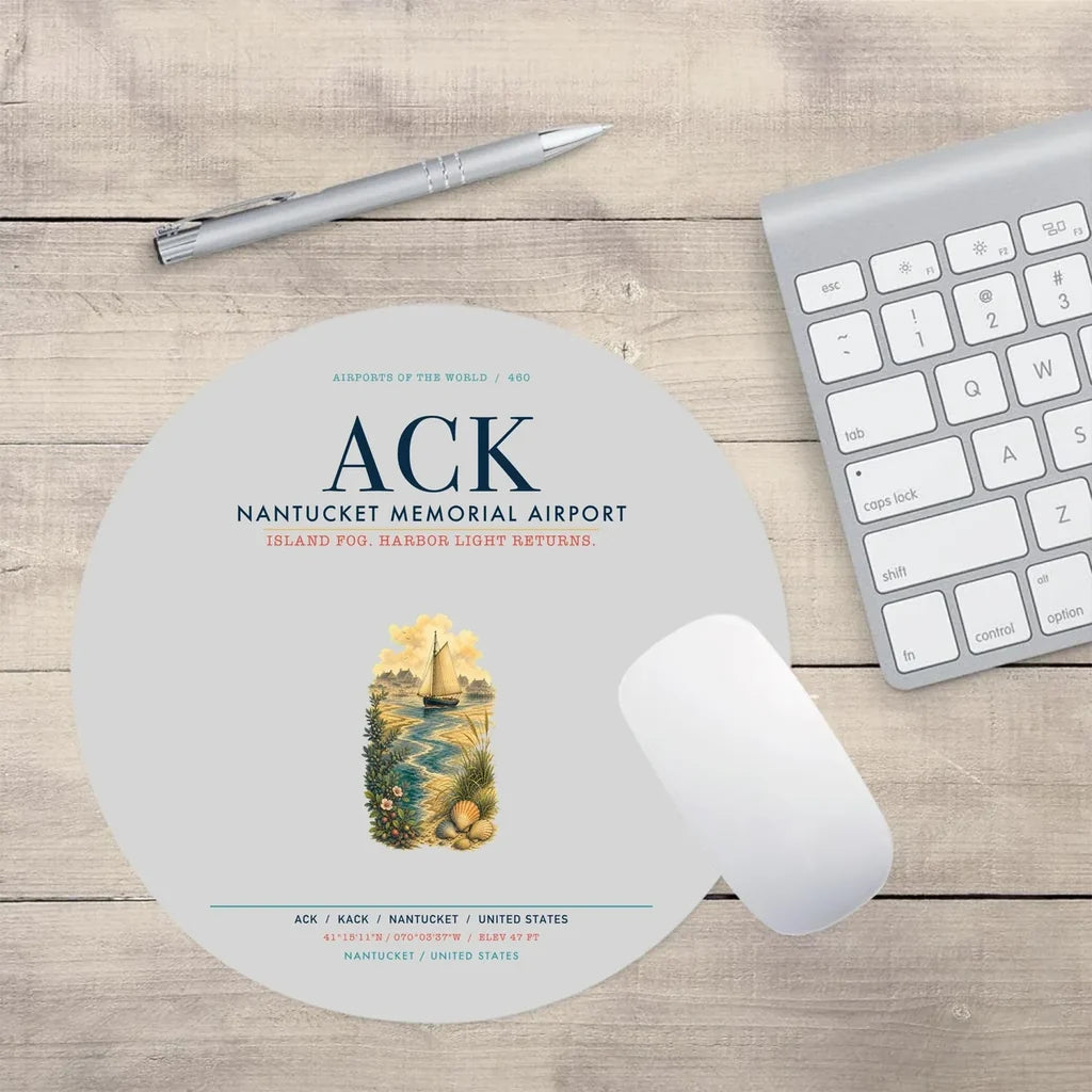 Nantucket Memorial Airport (ACK) design on light gray round mouse pad