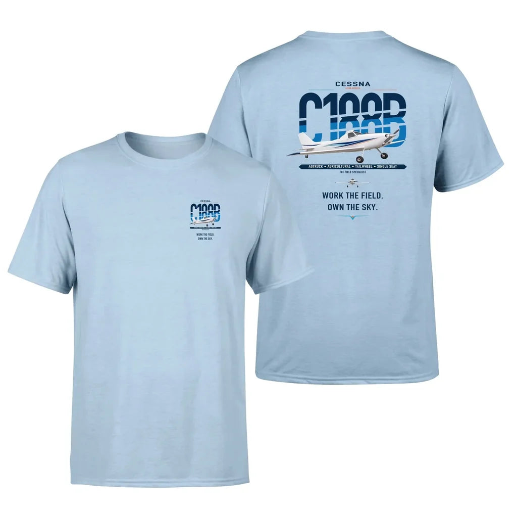 Cessna A188B AgTruck design on light blue t-shirt, double-side print