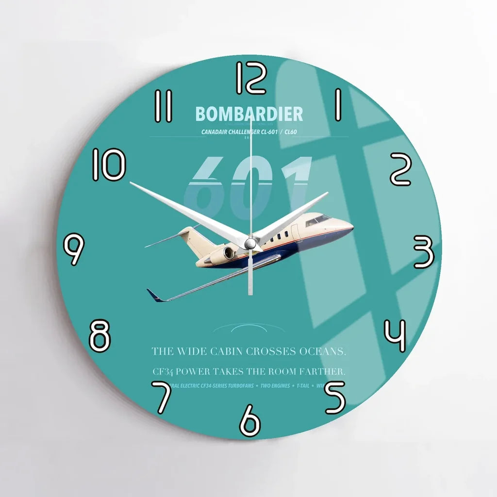 Bombardier Challenger 601 design on turquoise no frame wall clock