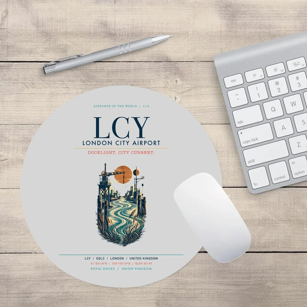 London City Airport (LCY) design on light gray round mouse pad