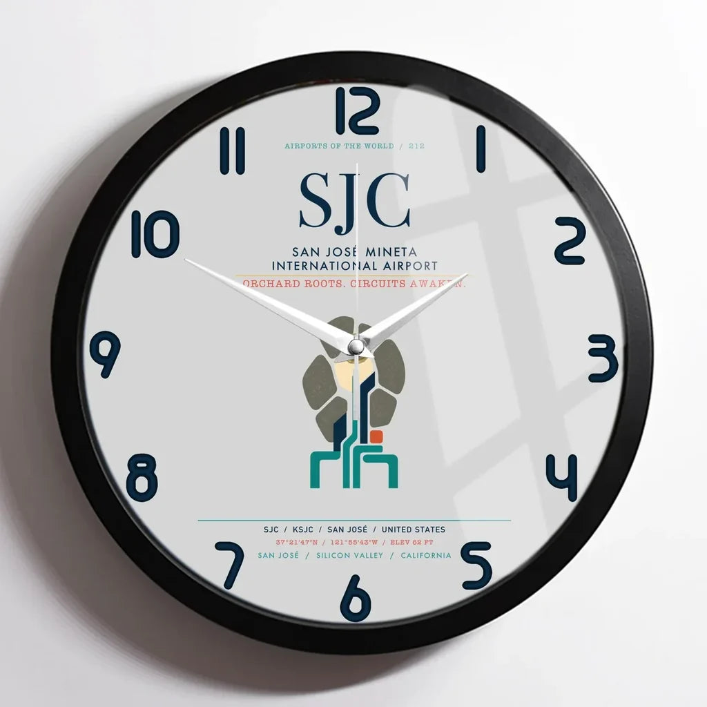 San José Mineta International Airport (SJC) design on light gray framed wall clock