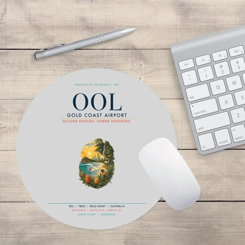 Gold Coast Airport (OOL) design on light gray round mouse pad
