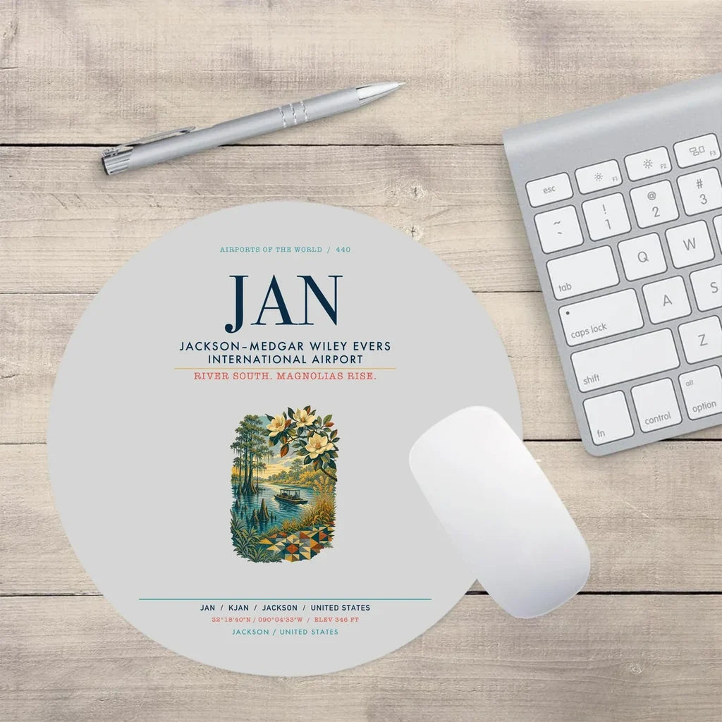 Jackson–Medgar Wiley Evers International Airport (JAN) design on light gray round mouse pad