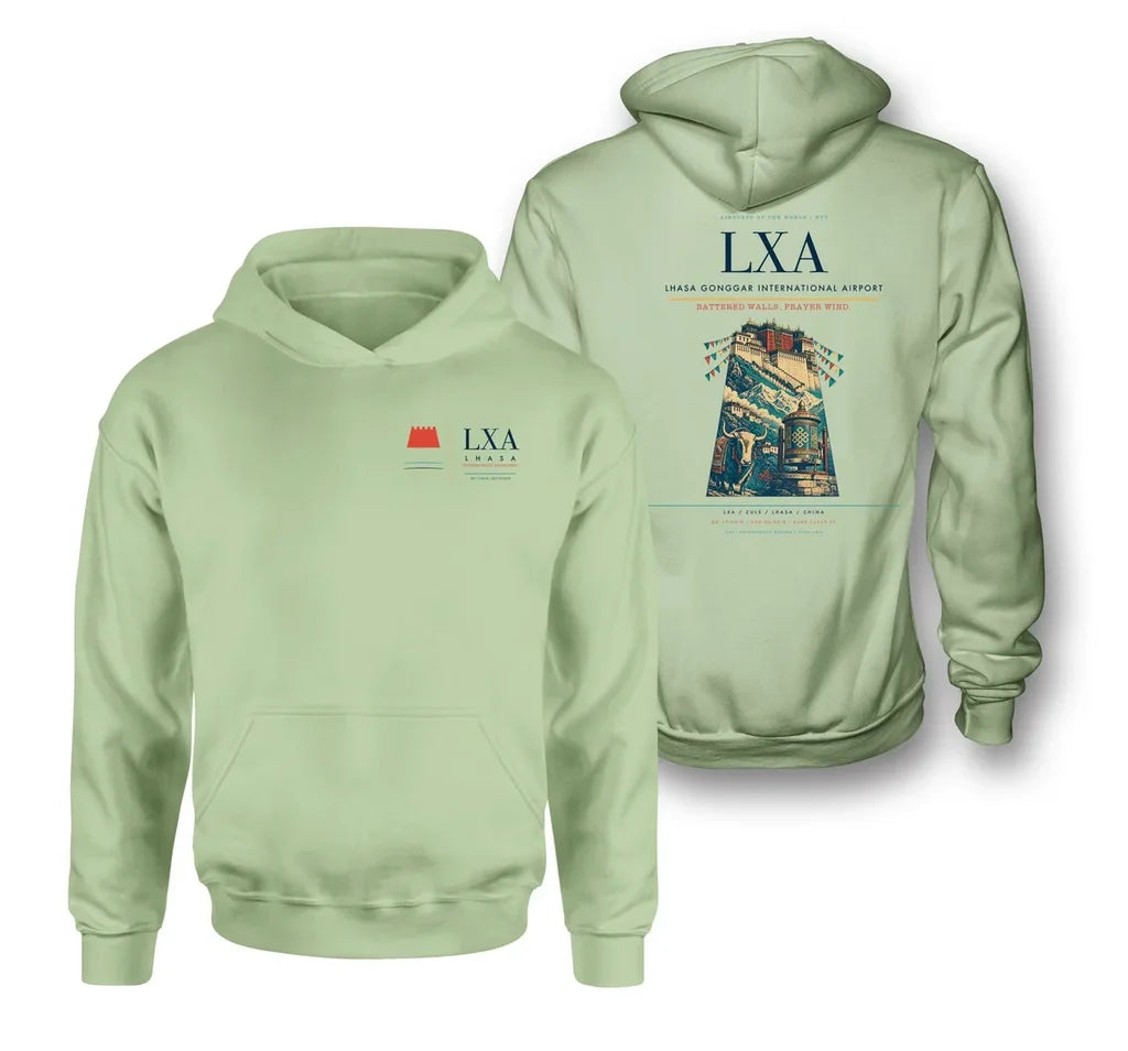 Lhasa Gonggar International Airport (LXA) design on light green double-side hoodie
