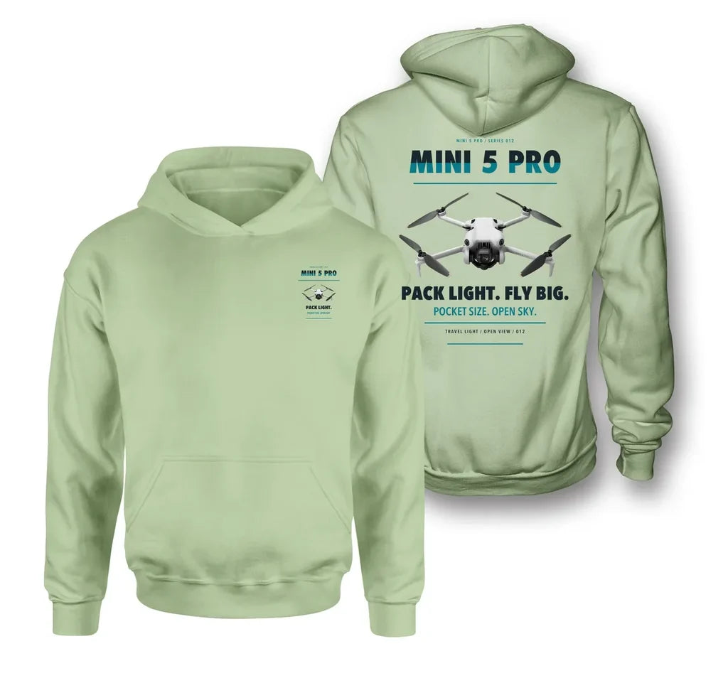DJI Mini 5 Pro design on light green hoodie