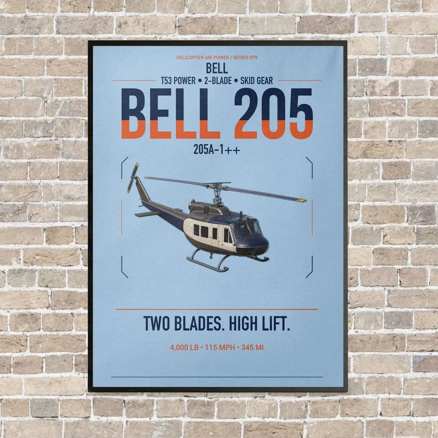 Bell 205A-1++ vertical canvas print - framed - light blue background