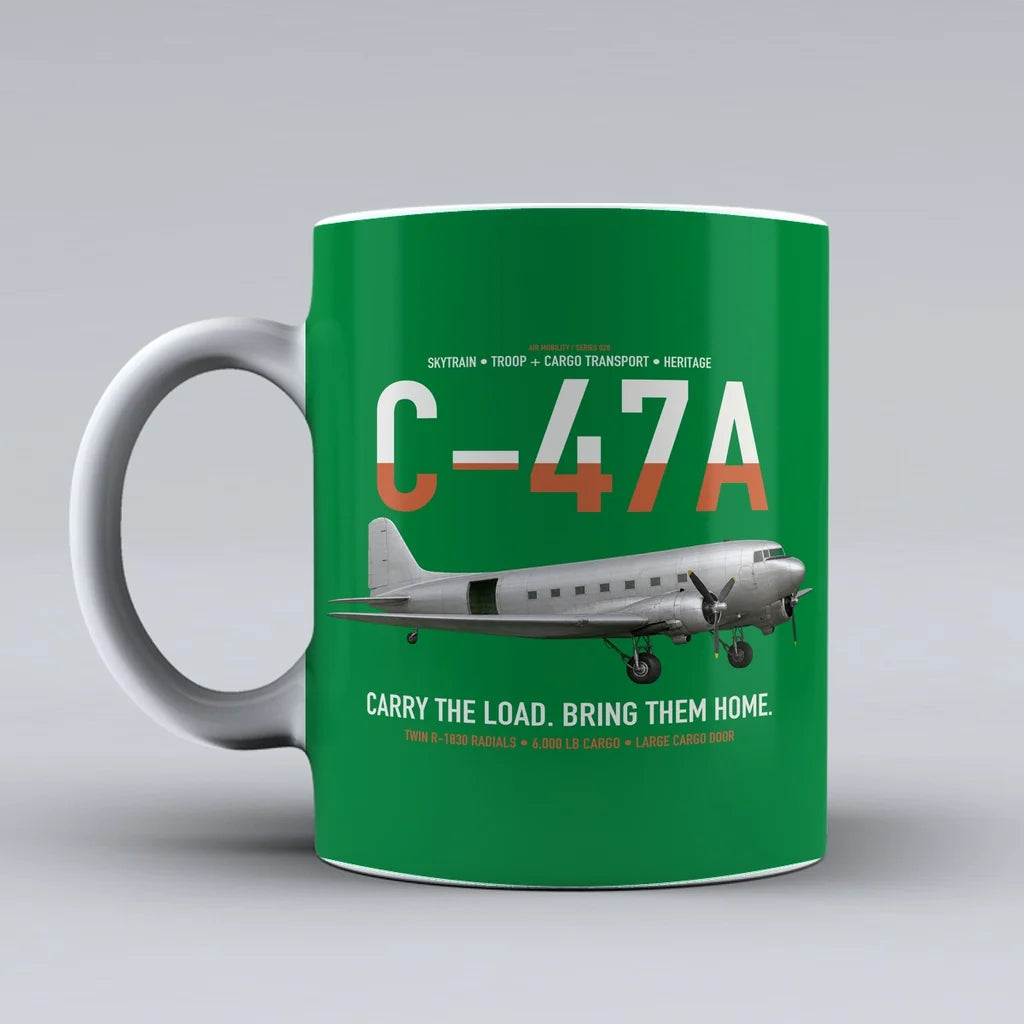 C-47A Skytrain design on green ceramic mug, double-side print
