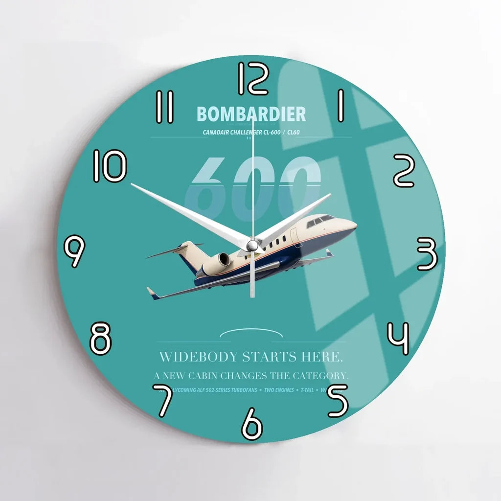 Bombardier Challenger 600 design on turquoise no frame wall clock