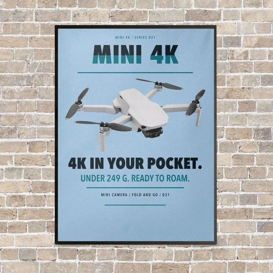 DJI Mini 4K vertical canvas print - framed - light blue background