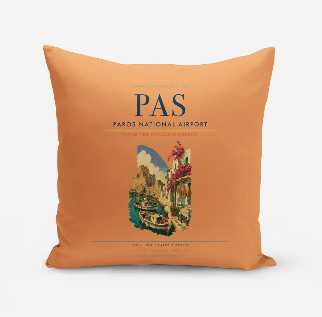 Paros National Airport (PAS) design on orange pillow