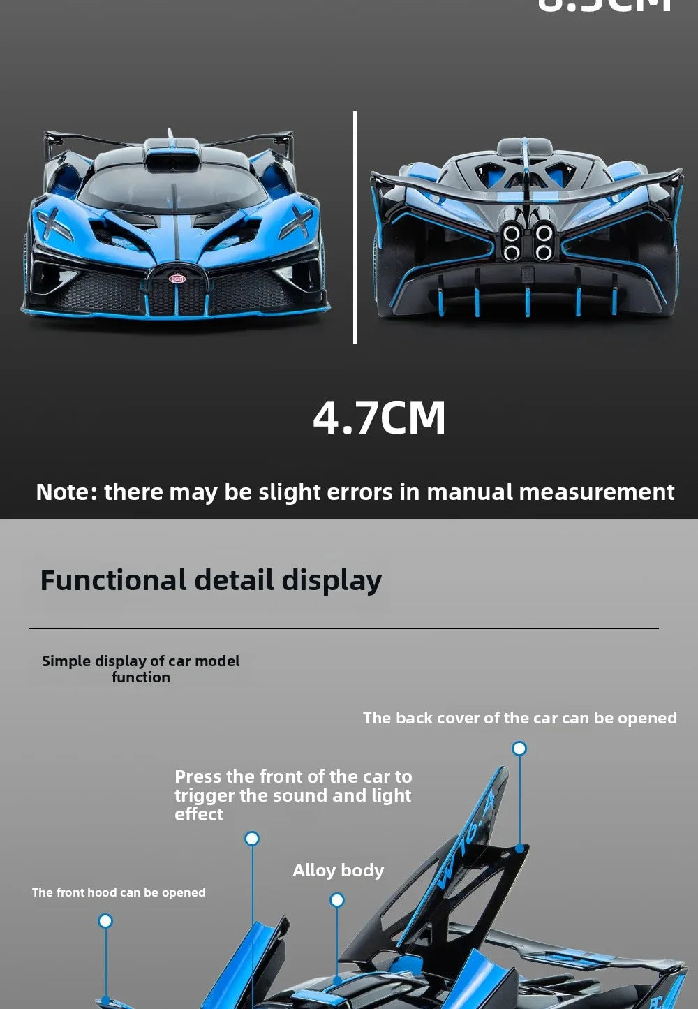 1:24 Bugatti Bolide Cool Alloy Model with Sound-Light, Open Door & Display - view 11
