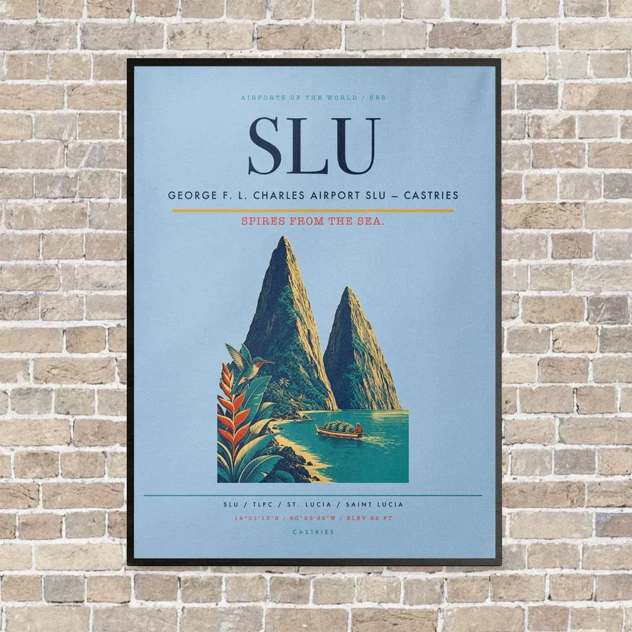 George F. L. Charles Airport SLU — Castries vertical canvas print - framed - light blue background