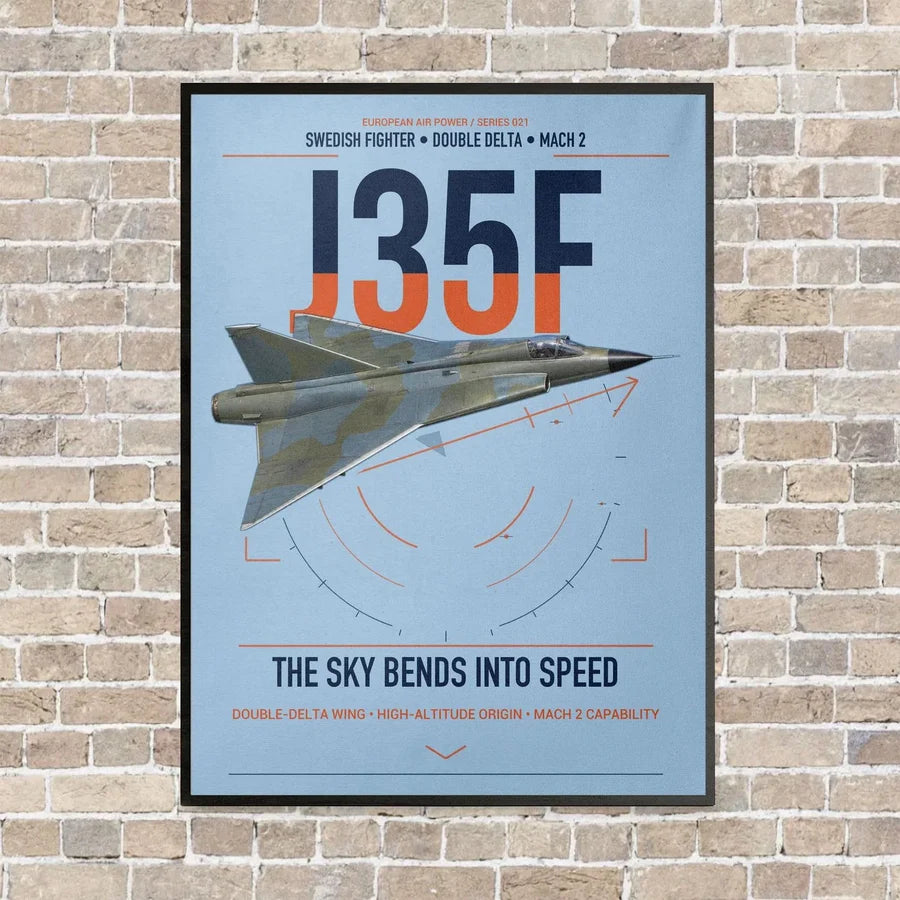 Saab J 35F Draken vertical canvas print - framed - light blue background