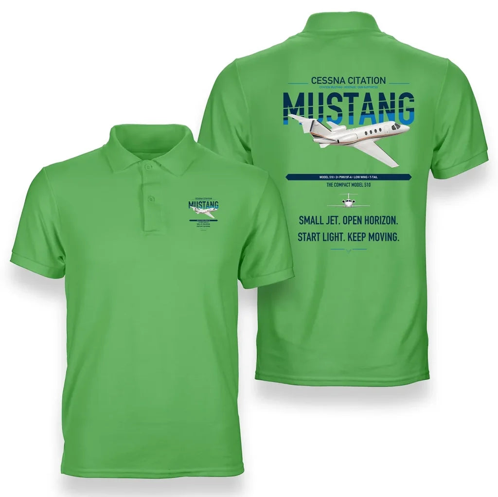 Cessna Citation Mustang design on light green double-side polo t-shirt, double-side print