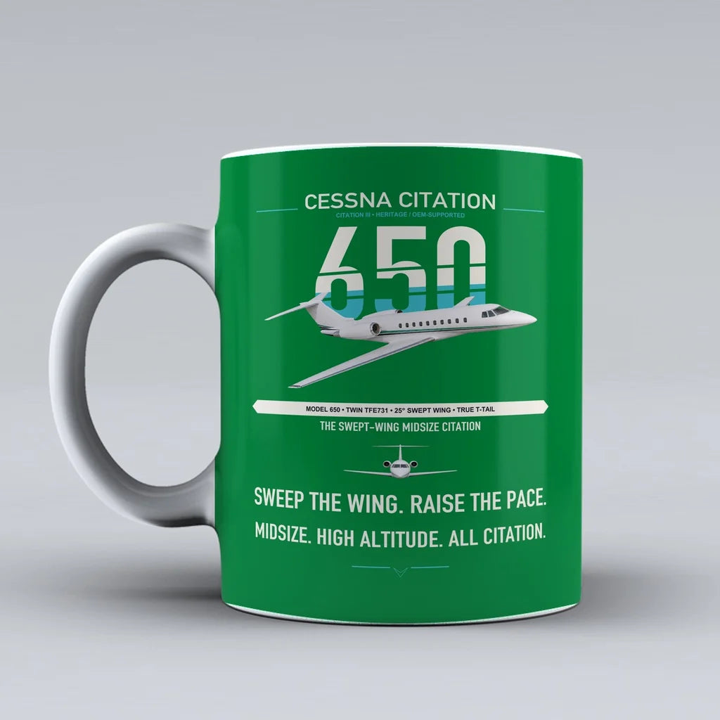 Cessna Citation 650 - Citation III design on green ceramic mug, double-side print