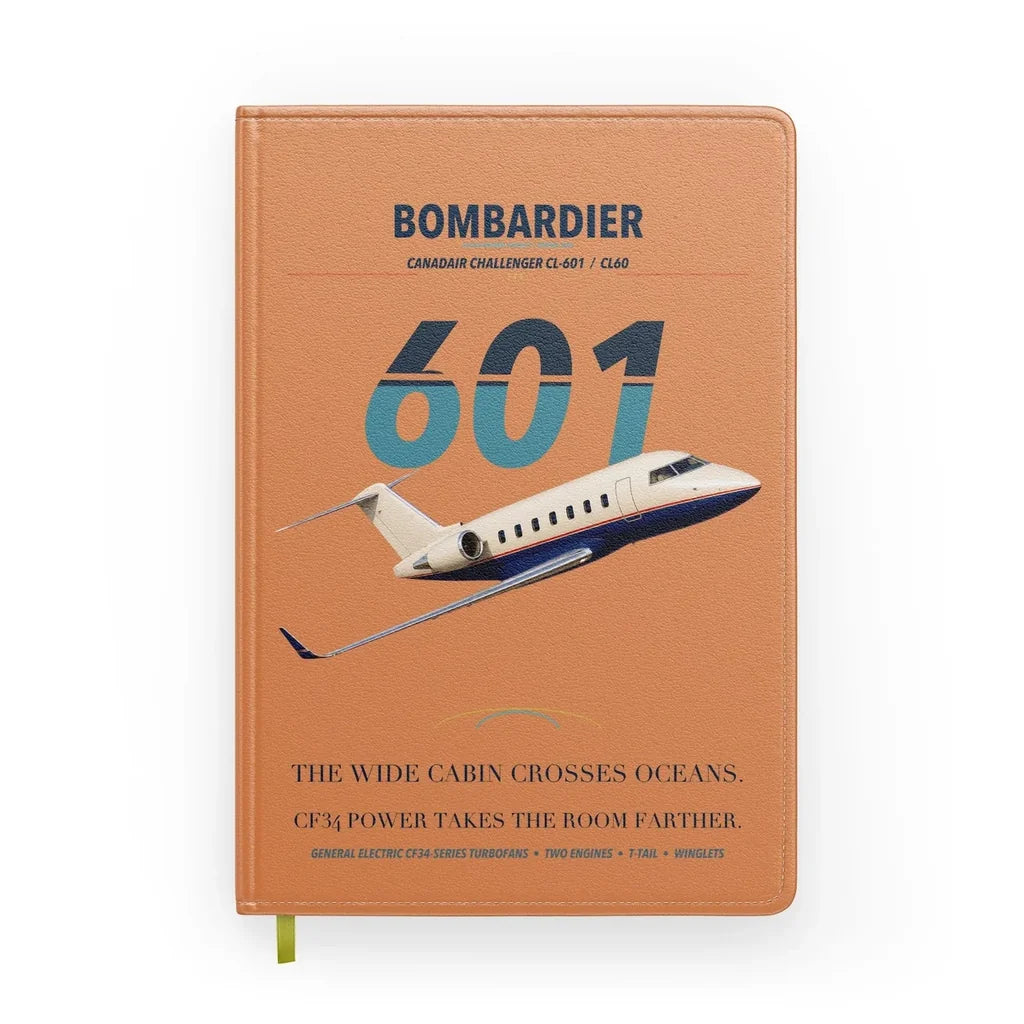 Bombardier Challenger 601 design on orange notebook