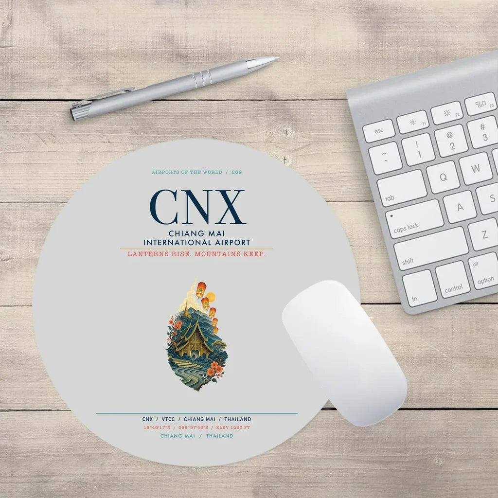 Chiang Mai International Airport (CNX) design on light gray round mouse pad