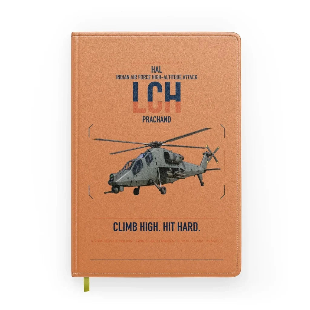 HAL LCH Prachand design on orange notebook