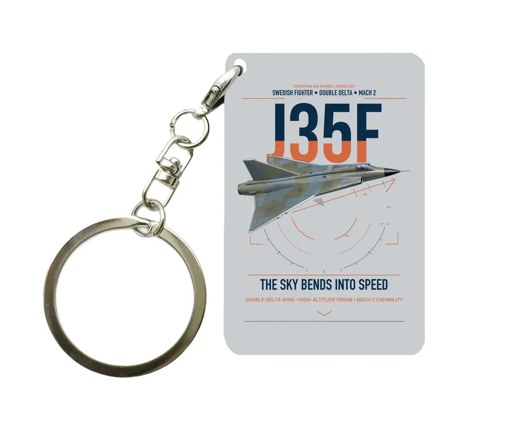 Saab J 35F Draken design on light gray designed key chain, double-side print