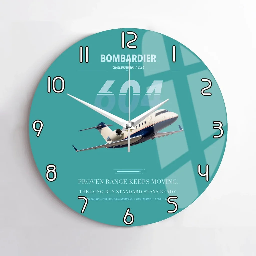 Bombardier Challenger 604 design on turquoise no frame wall clock