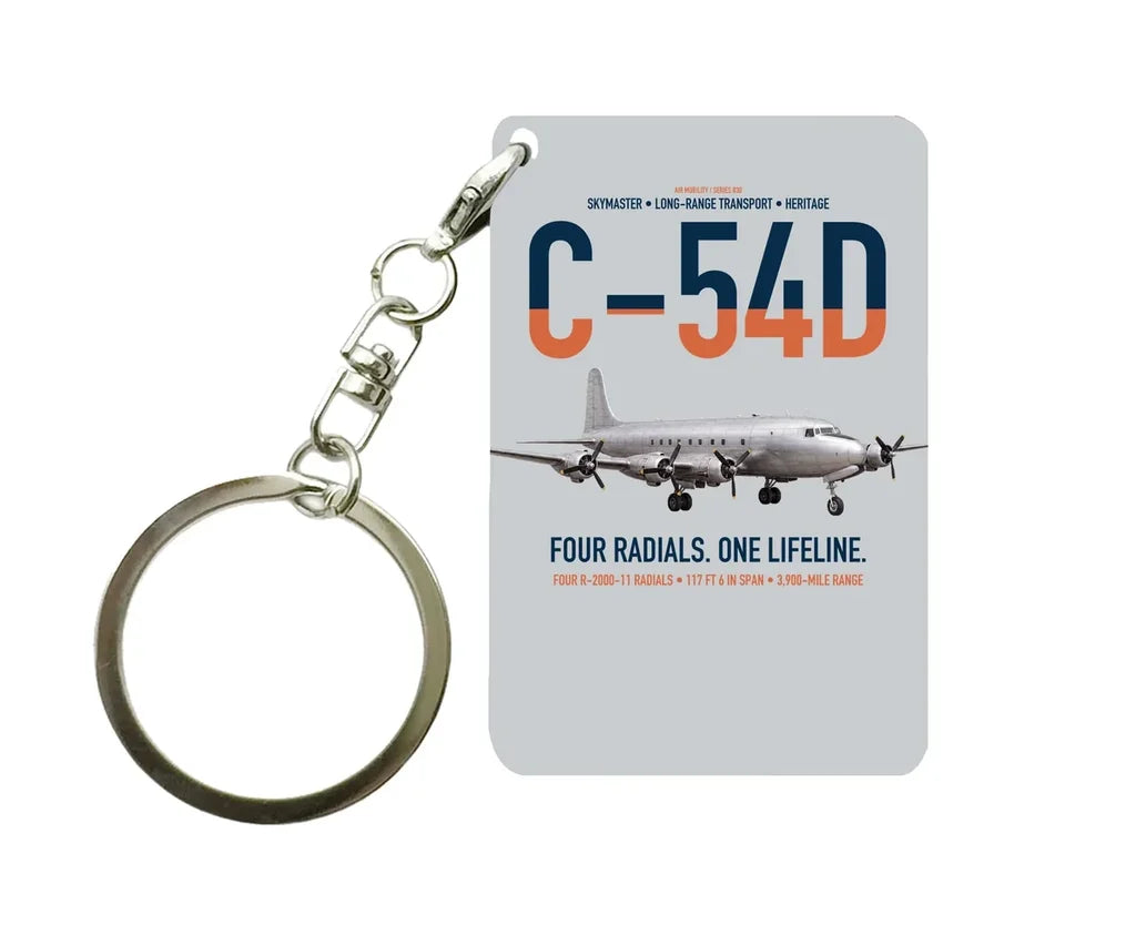 C-54D Skymaster design on light gray designed key chain, double-side print
