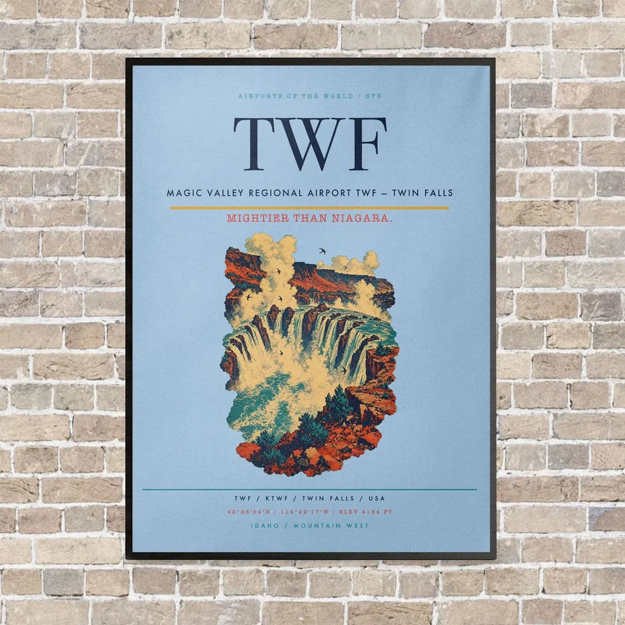 Magic Valley Regional Airport TWF — Twin Falls vertical canvas print - framed - light blue background