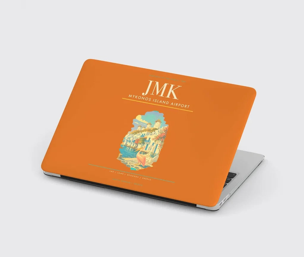 Mykonos Island Airport (JMK) design on orange MacBook case