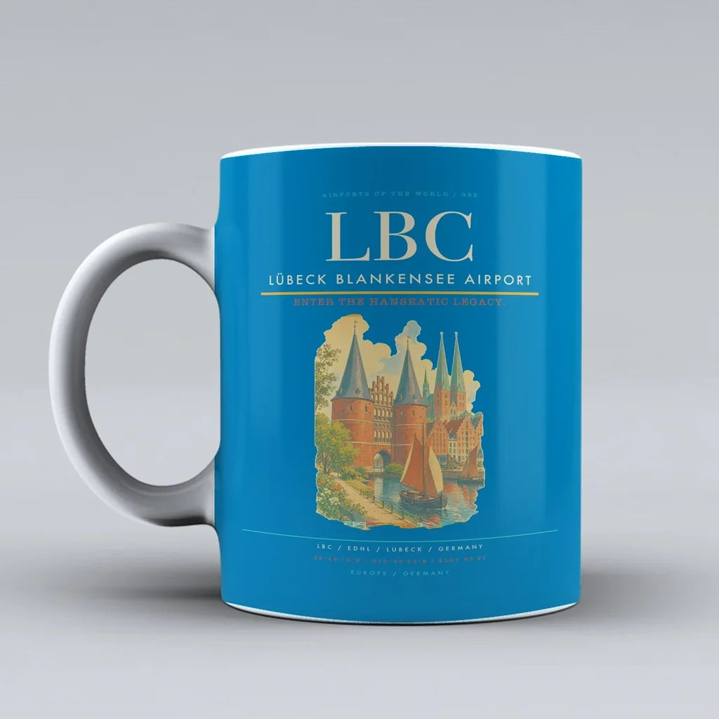 Lübeck Blankensee Airport (LBC) airport code design on turquoise ceramic mug