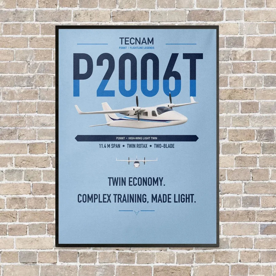 Tecnam P2006T vertical canvas print - framed - light blue background