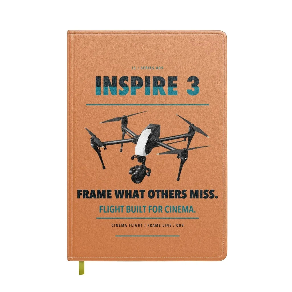 DJI Inspire 3 design on orange notebook