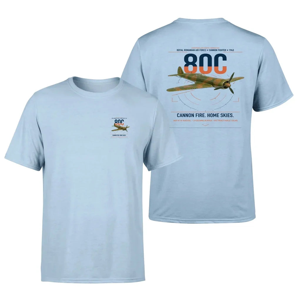 IAR 80C design on light blue t-shirt, double-side print