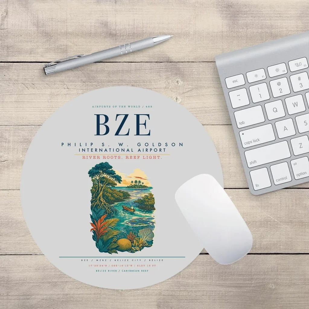 Philip S. W. Goldson International Airport (BZE) design on light gray round mouse pad