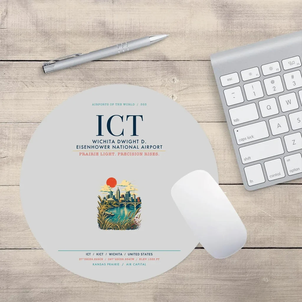 Wichita Dwight D. Eisenhower National Airport (ICT) design on light gray round mouse pad
