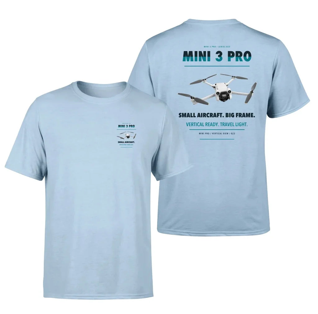 DJI Mini 3 Pro design on light blue t shirt