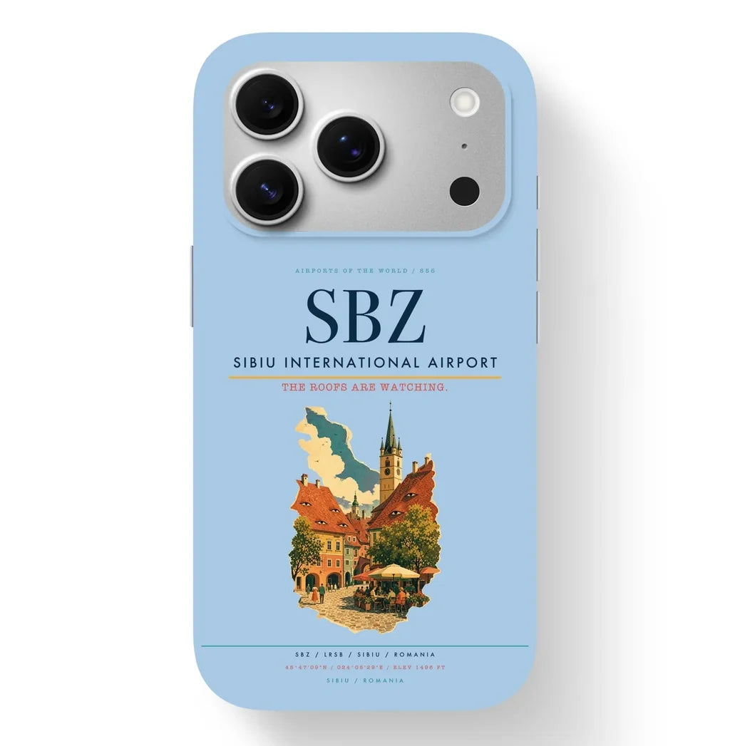 Sibiu Airport (SBZ) design on light blue iPhone 17 Pro MagSafe case
