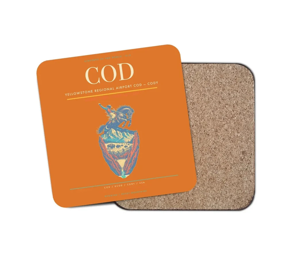 Yellowstone Regional Airport (COD) design on orange 1 piece coaster