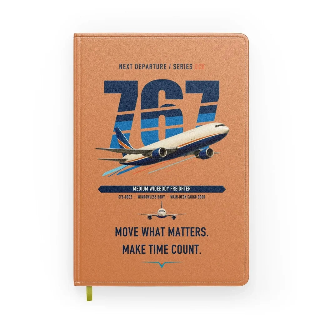Boeing 767-300F design on orange notebook