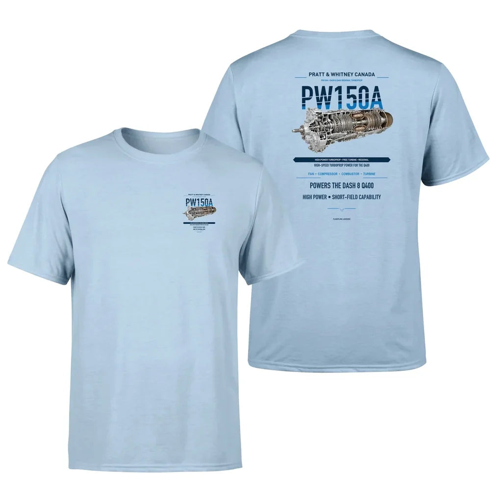 PW150A design on light blue t shirt