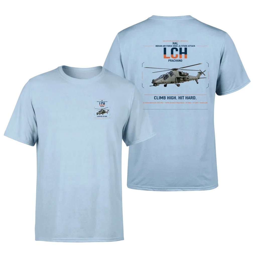 HAL LCH Prachand design on light blue t-shirt, double-side print