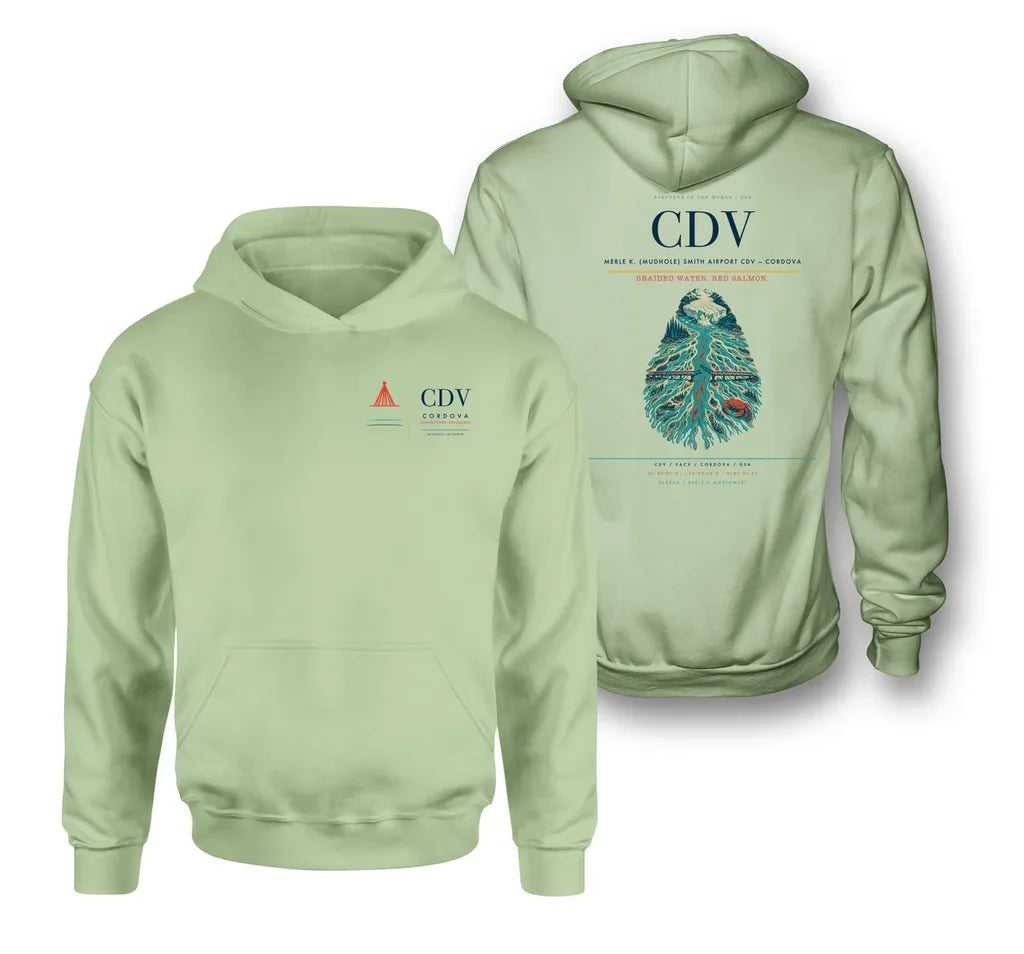 Merle K. (Mudhole) Smith Airport (CDV) design on light green double-side hoodie